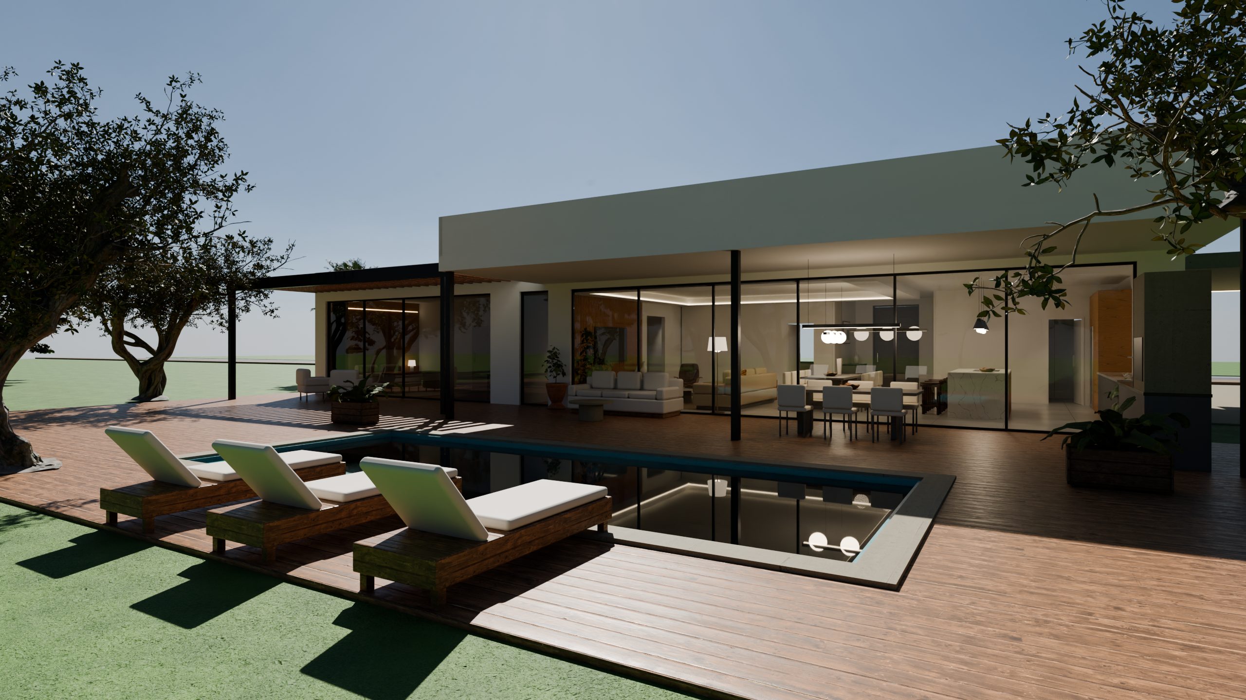 Casa Pátio: espreguiçadeiras, piscina e salas abertas para o deck